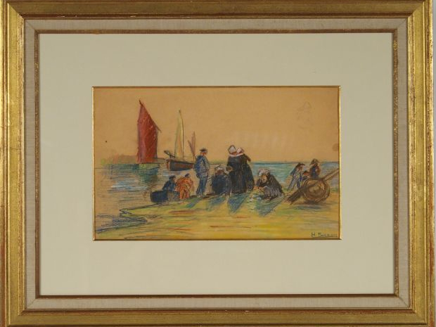 Henry BARNOIN "Pêcheurs bretons". Pastel, signé en bas à droite. 23.5 