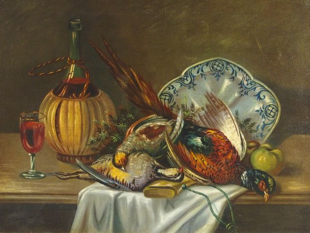Hans Otto BAUMANN "Nature morte aux faisans". Huile sur toile, signée 