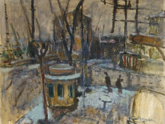 Raoul BERGOUGNAN "Le kiosque". Huile sur toile, signée en bas à droite