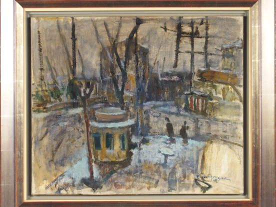 Raoul BERGOUGNAN "Le kiosque". Huile sur toile, signée en bas à droite