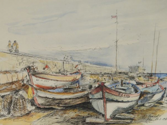 Vente aux enchères BERTHOD "Retour de pêche". Aquarelle, signée en bas à droite.  22.5 x 