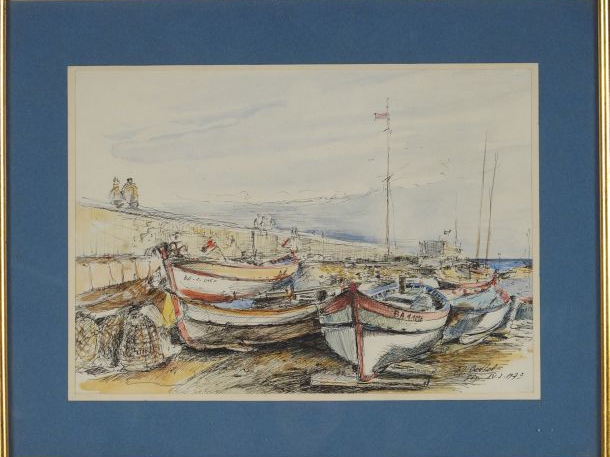 BERTHOD "Retour de pêche". Aquarelle, signée en bas à droite.  22.5 x 