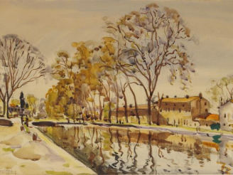 Vente aux enchères Edouard BOUILLERES "L’écluse sur le canal du midi". Aquarelle, signée 
