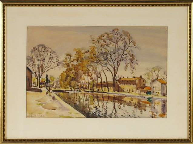 Edouard BOUILLERES "L’écluse sur le canal du midi". Aquarelle, signée 