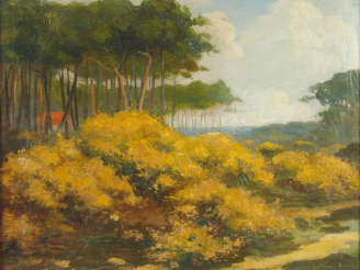 Vente aux enchères André BOURNAC. "Forêt des Landes". Huile sur toile, signée en bas à dr