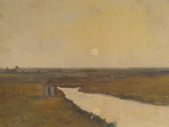 Louis CABIE "Plaine au coucher du soleil". Gouache sur papier, signée 