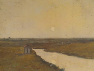 Vente aux enchères Louis CABIE "Plaine au coucher du soleil". Gouache sur papier, signée 