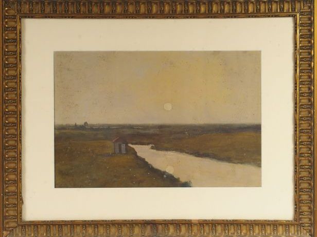 Louis CABIE "Plaine au coucher du soleil". Gouache sur papier, signée 