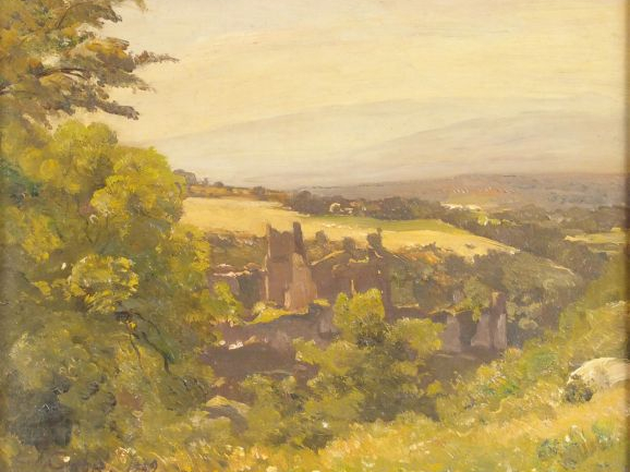 Louis CABIE "Ruines au lever du jour". Huile sur panneau, signée en ba