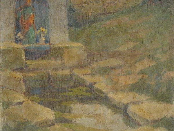 Maurice CAHOURS .  "L'oratoire".  Huile sur panneau, signée en bas à g