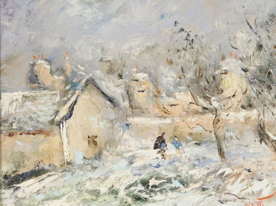 Michel CALVET "Sous la neige". Huile sur toile, signée en bas à droite