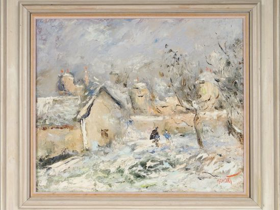 Michel CALVET "Sous la neige". Huile sur toile, signée en bas à droite