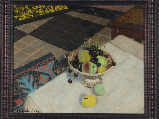 Roger CHAPELAIN MIDY "Le compotier aux cerises noires". Huile sur toil