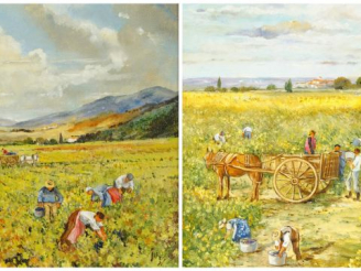 Vente aux enchères LESCURE "Les vendanges". Paire d’huiles sur panneaux, signées en bas à