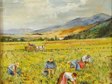 LESCURE "Les vendanges". Paire d’huiles sur panneaux, signées en bas à