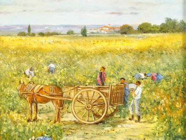LESCURE "Les vendanges". Paire d’huiles sur panneaux, signées en bas à