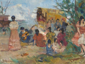 Vente aux enchères Carlo CHERUBINI "Campement tsigane". Huile sur toile, signée en bas à 