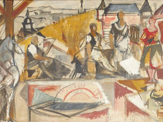 Jacques DESPIERRE "Scène de vie animée". Huile sur carton, signée en b