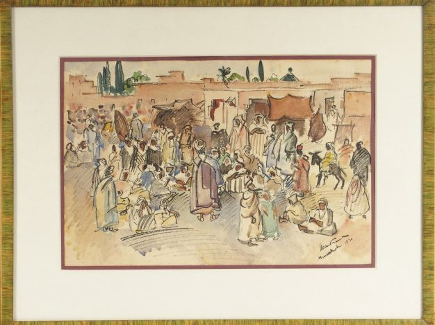 Jacques DESPIERRE "Scène de vie animée". Huile sur carton, signée en b