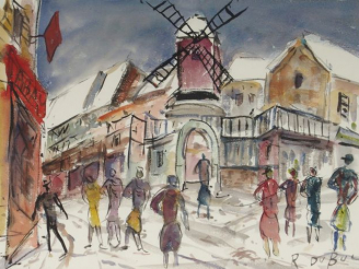 Vente aux enchères Roland DUBUC "Montmartre, le Moulin Rouge". Aquarelle, signée en bas à
