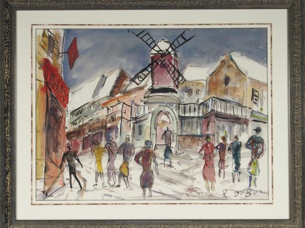Roland DUBUC "Montmartre, le Moulin Rouge". Aquarelle, signée en bas à