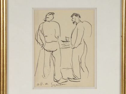André DUNOYER de SEGONZAC "Etude de deux personnages". Dessin à la plu