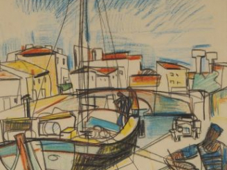 Vente aux enchères Raymond ESPINASSE "Le port Saint-Sauveur à Toulouse ". Dessin en coule