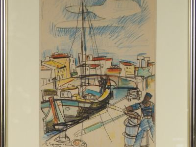 Raymond ESPINASSE "Le port Saint-Sauveur à Toulouse ". Dessin en coule