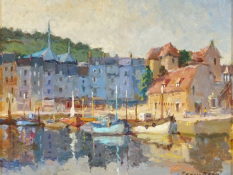 Vente aux enchères FRAN-BARO "Le port de Honfleur". Huile sur toile, signée en bas à droi