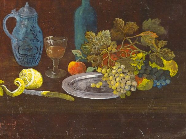 Bernard GALAND "Nature morte". Huile sur panneau, signée en bas à gauc