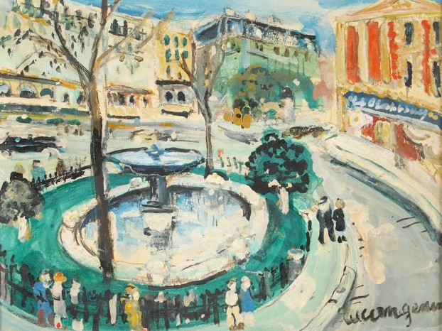 Lucien GENIN "Le square". Huile sur carton, signée en bas à droite. 21
