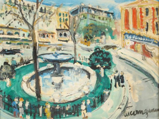Vente aux enchères Lucien GENIN "Le square". Huile sur carton, signée en bas à droite. 21