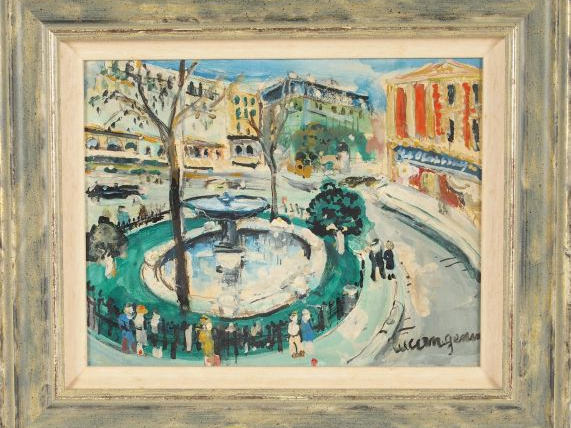 Lucien GENIN "Le square". Huile sur carton, signée en bas à droite. 21