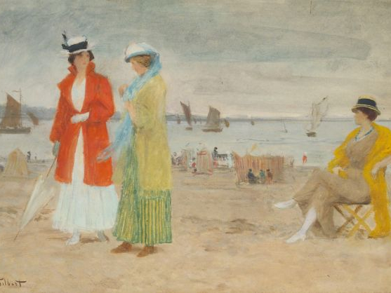 Victor GILBERT "Elégantes sur la plage". Aquarelle gouachée, signée en