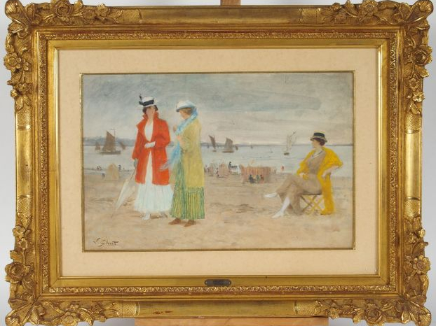 Victor GILBERT "Elégantes sur la plage". Aquarelle gouachée, signée en