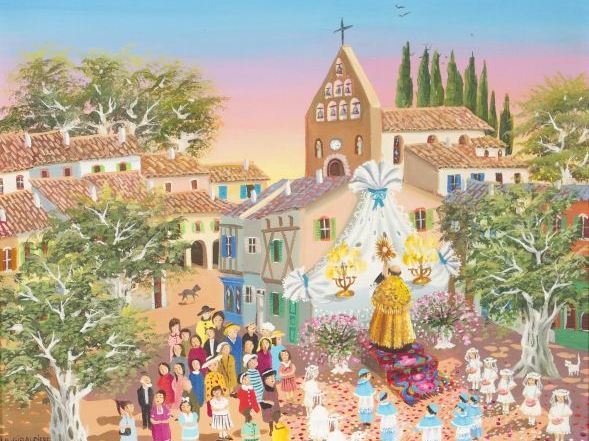 Mady de LA GIRODIERE "La fête Dieu". Huile sur toile, signée en bas à 