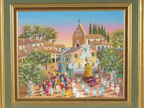 Mady de LA GIRODIERE "La fête Dieu". Huile sur toile, signée en bas à 