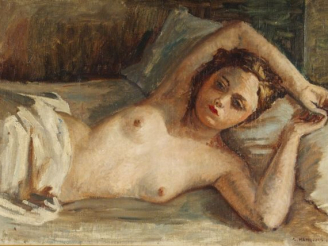 Vente aux enchères André HAMBOURG "Jeune femme allongée". Huile sur toile, signée en bas 