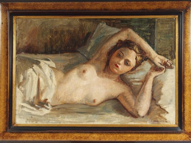 André HAMBOURG "Jeune femme allongée". Huile sur toile, signée en bas 