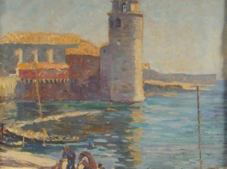 Vente aux enchères Adrien HAMON "Le port de Collioure". Huile sur toile, signée en bas à 