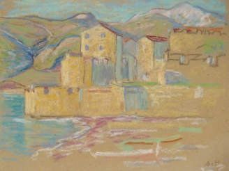 Vente aux enchères Augustin HANICOTTE "Collioure au coucher du soleil". Pastel. Monogramm