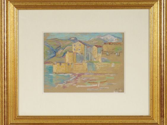 Augustin HANICOTTE "Collioure au coucher du soleil". Pastel. Monogramm