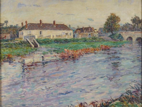 René JUSTE "Maison au bord de la rivière". Huile sur toile, signée en 