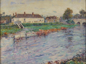 Vente aux enchères René JUSTE "Maison au bord de la rivière". Huile sur toile, signée en 
