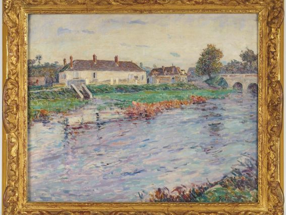 René JUSTE "Maison au bord de la rivière". Huile sur toile, signée en 