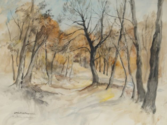 Vente aux enchères LOUSTAUNAU "Bois brûlé". Aquarelle, signée en bas à gauche.  48.5 x 64