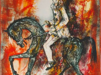 Pierre MAS "Pierrot à cheval". Gouache, signée en bas à droite et daté