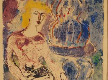 Jean MICOINE "Jeune fille assise". Technique mixte sur papier, signée 
