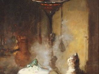 Vente aux enchères MONDINOT "Le fumet". Huile sur toile, signée en bas à droite. 46 x 33 
