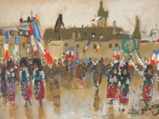 Vente aux enchères Pierre-Eugène MONTEZIN "Le 14 juillet à Colmar". Gouache, signée en ba